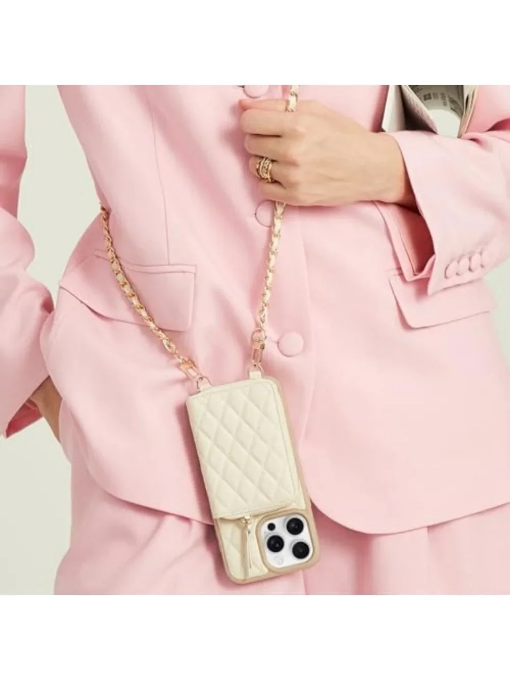 Stylish iPhone 17 Wallet Case with Card Holder & Wrist Strap - Beige Crossbody